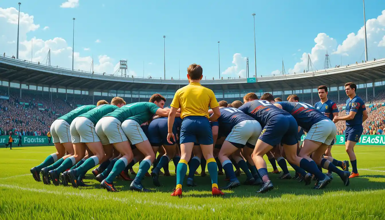 Rugbyspieler im Gedränge auf einem sonnigen Sportfeld