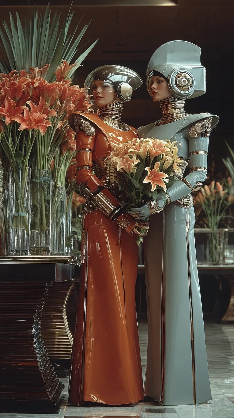 Two celestial women in a rose gold futuristic galaxy scene