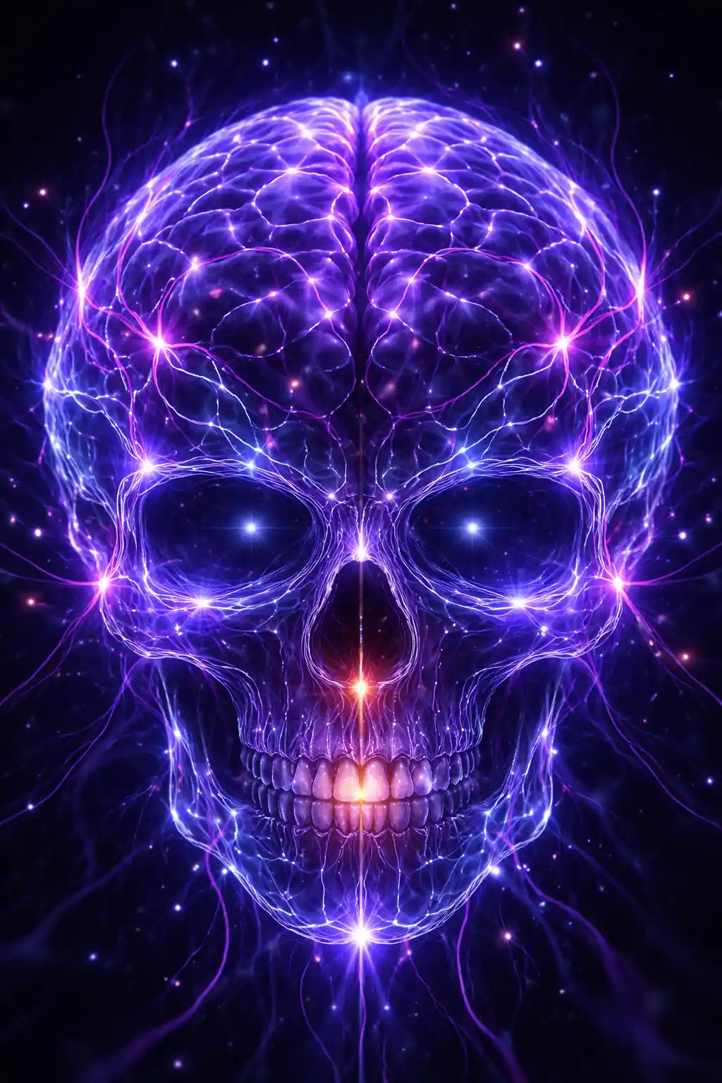 Surreal skull formed by neural pathways and glowing synapses