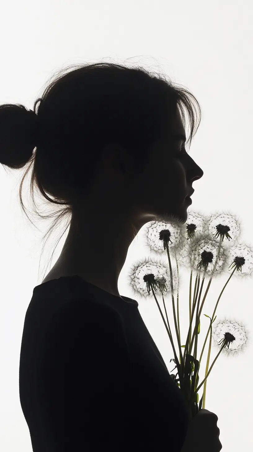 Donna in silhouette che tiene soffioni su uno sfondo bianco brillante