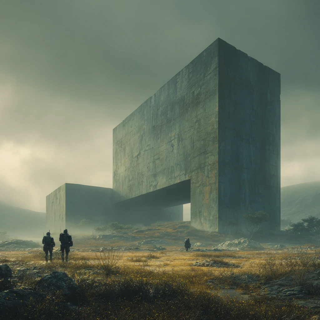 Futuristic square outpost in a dark hilly battlefield