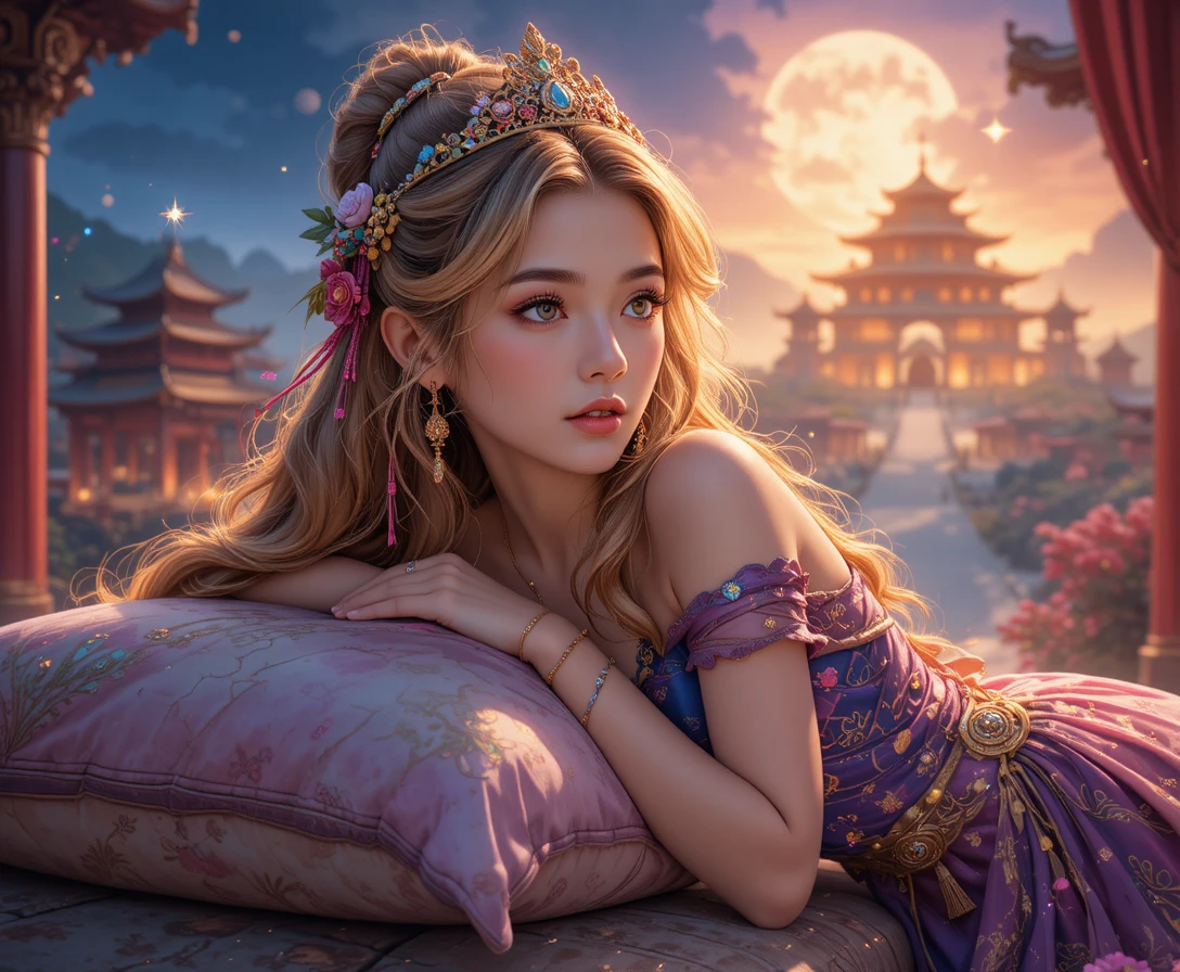 Wistful princess in ornate oriental dress before distant palace