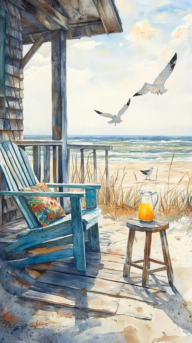 Sunny beach house porch with blue chair and seagulls