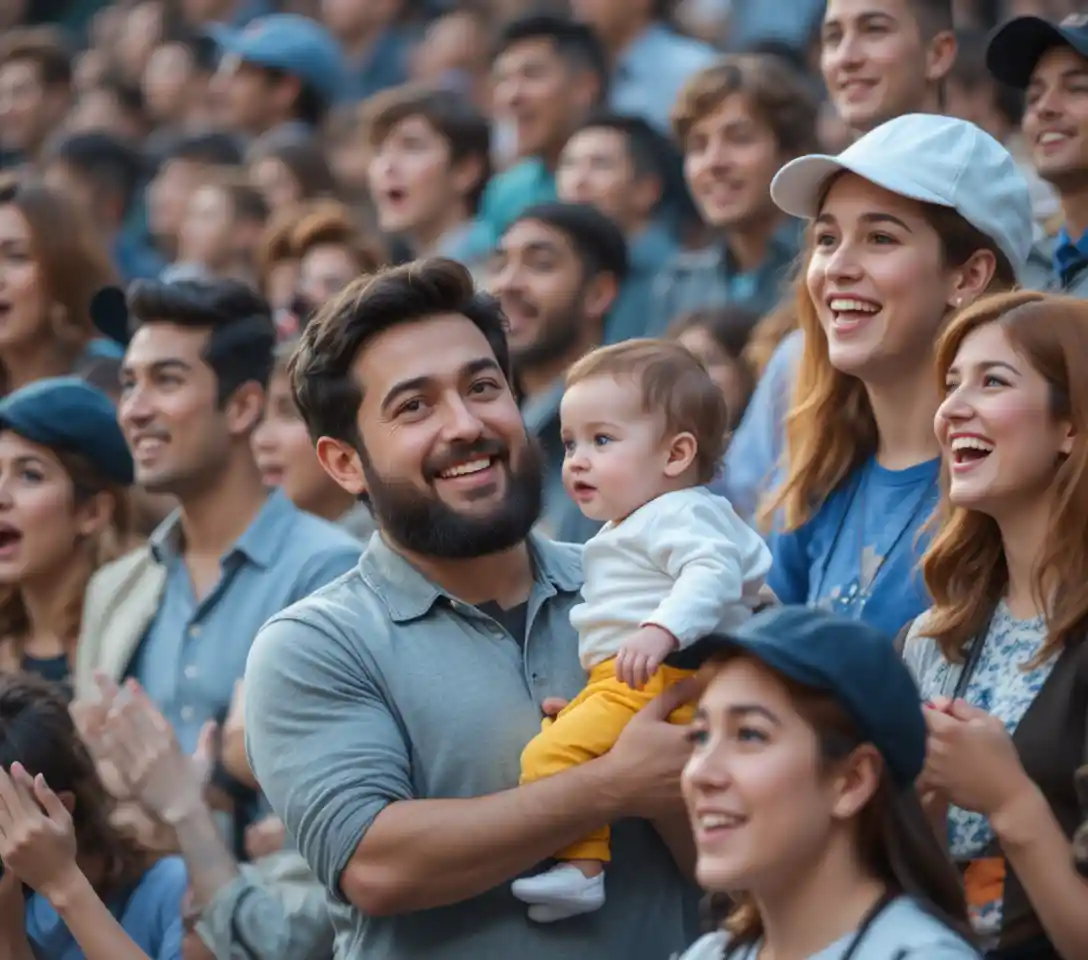 Folla gioiosa che guarda un evento con un uomo che tiene in braccio un bambino