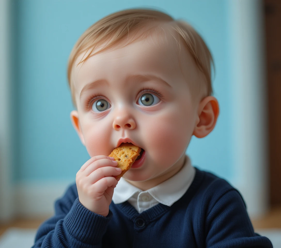 Baby eating biscuit in soft natural light close up