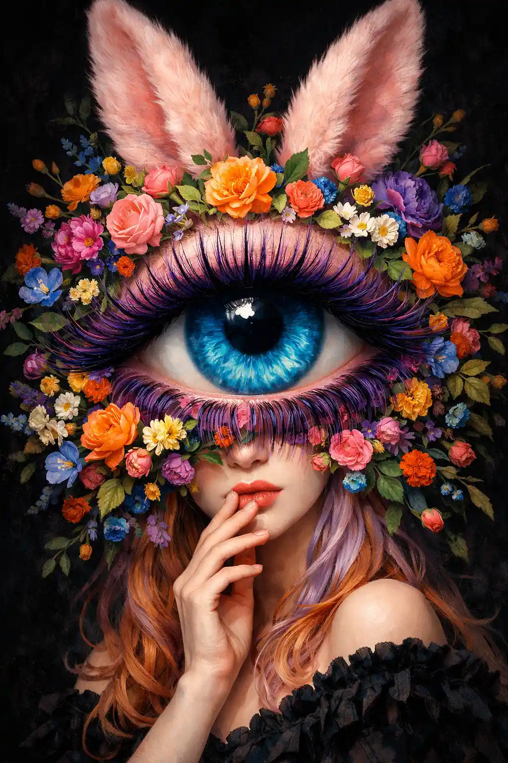 Surreal floral portrait with giant blue eye and rabbit ears
