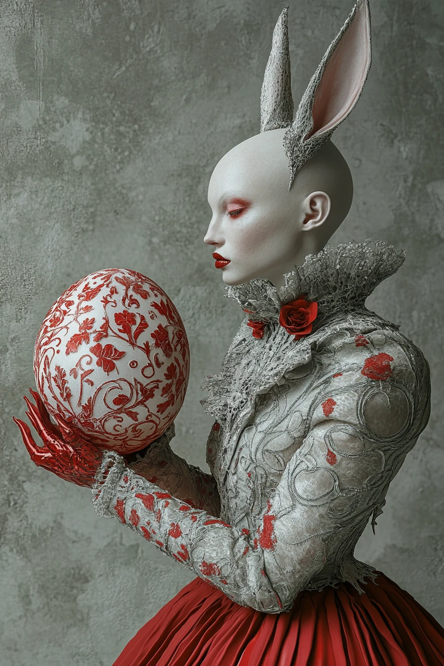 Surreal rabbit eared woman holding ornate red egg