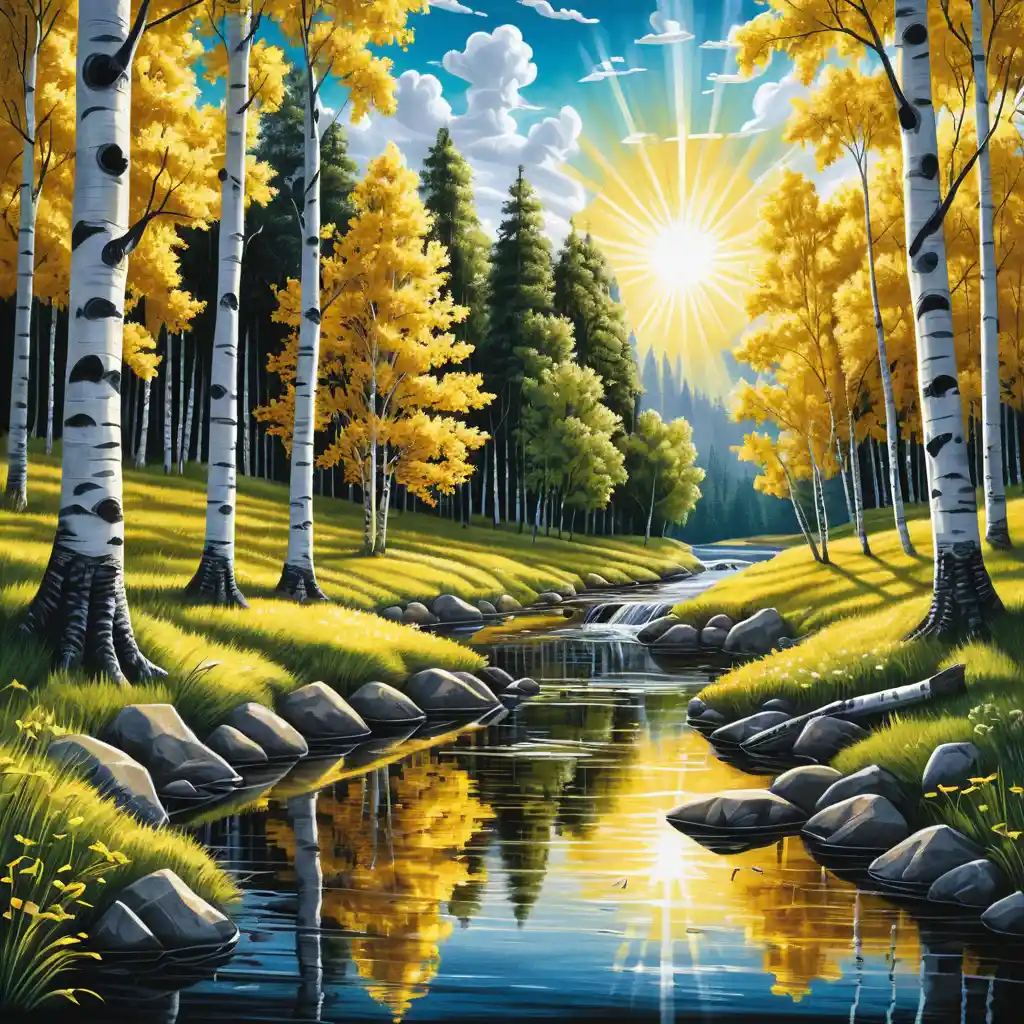 Sommerlicher Waldfluss mit Brücke im grafischen Bleistiftstil