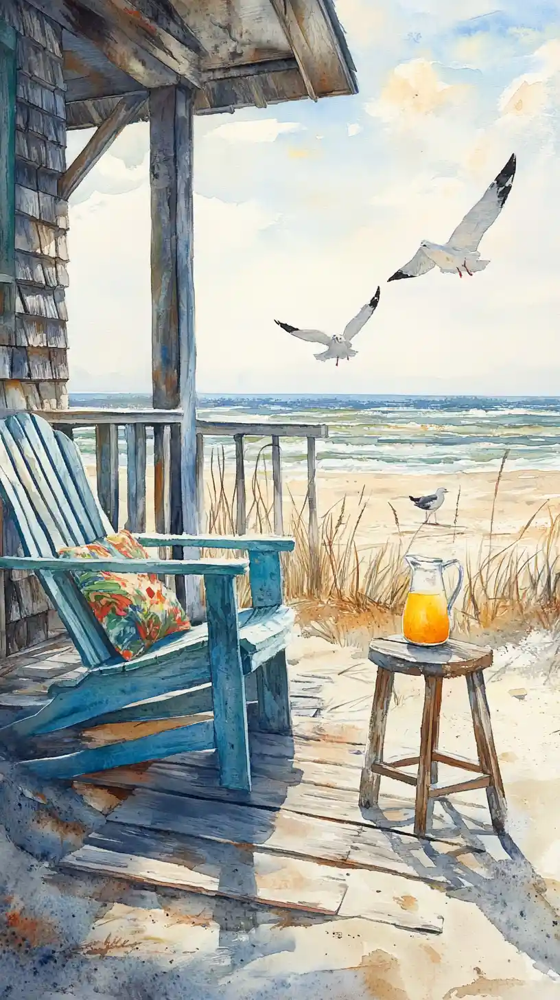 Sunny beach house porch with blue chair and seagulls