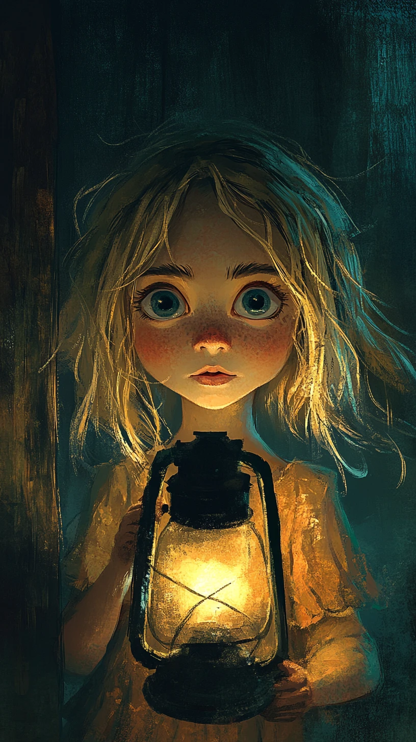 Curious girl holding a glowing lantern in a rustic room