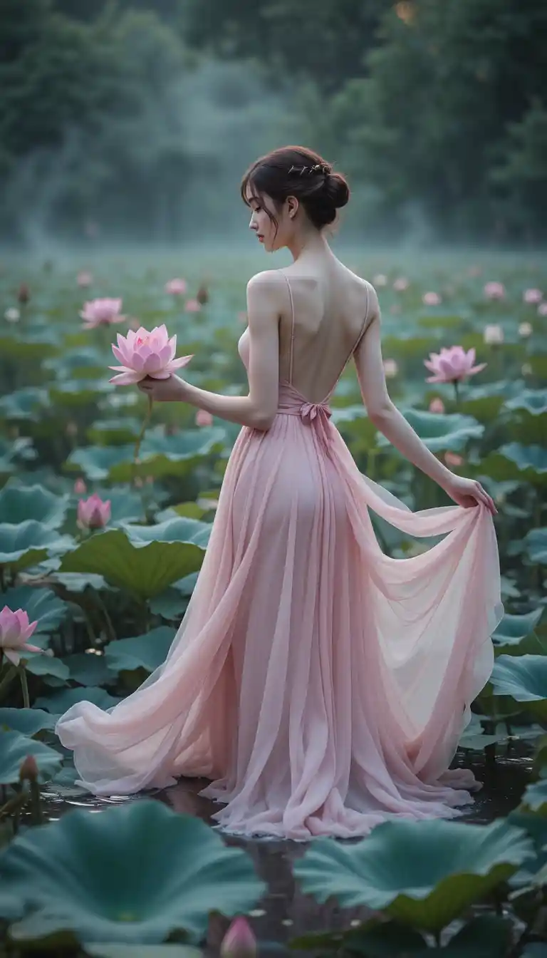Donna eterea in abito rosa in un sereno stagno di loto