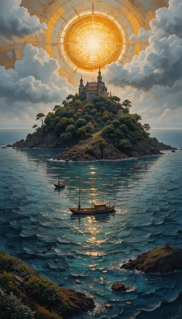 Fantasieinsel im goldenen Sonnenaufgang über ruhiger Natur