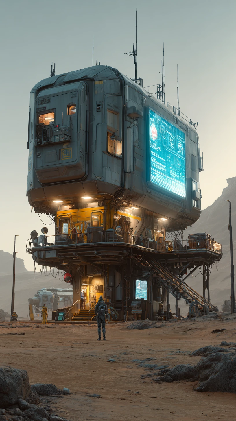 Architettura futuristica di un avamposto nel deserto in un futuro oscuro