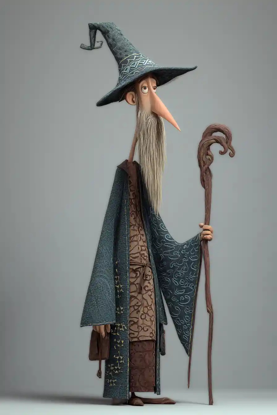 Goofy tall wizard with long beard in 3d render