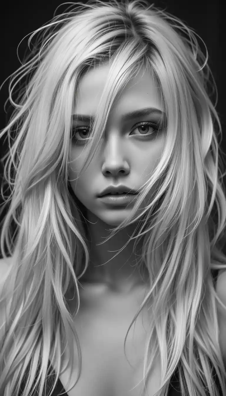 Mysterious blonde girl close up in black and white