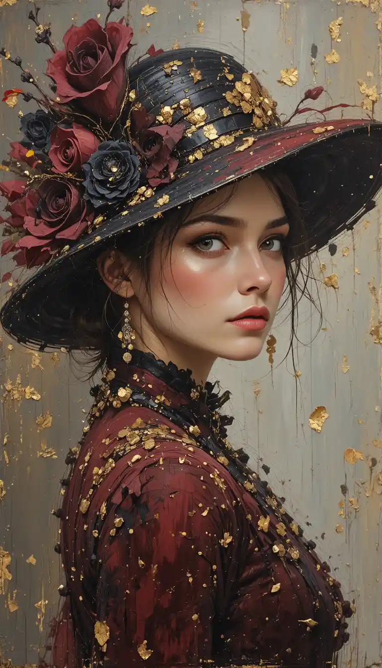 Elegante Frau mit Hut in satten Weintönen gemalt