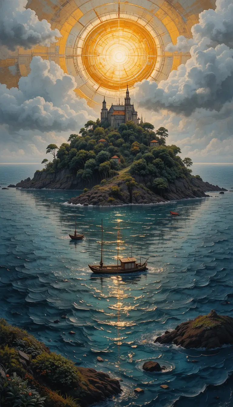 Île fantastique baignée d’un lever de soleil doré au cœur d’une nature paisible