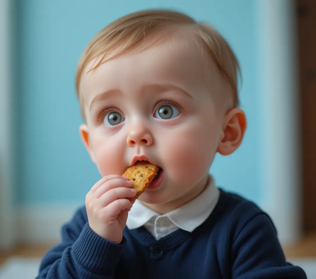 Bambino che mangia un biscotto in primo piano con luce naturale soffusa