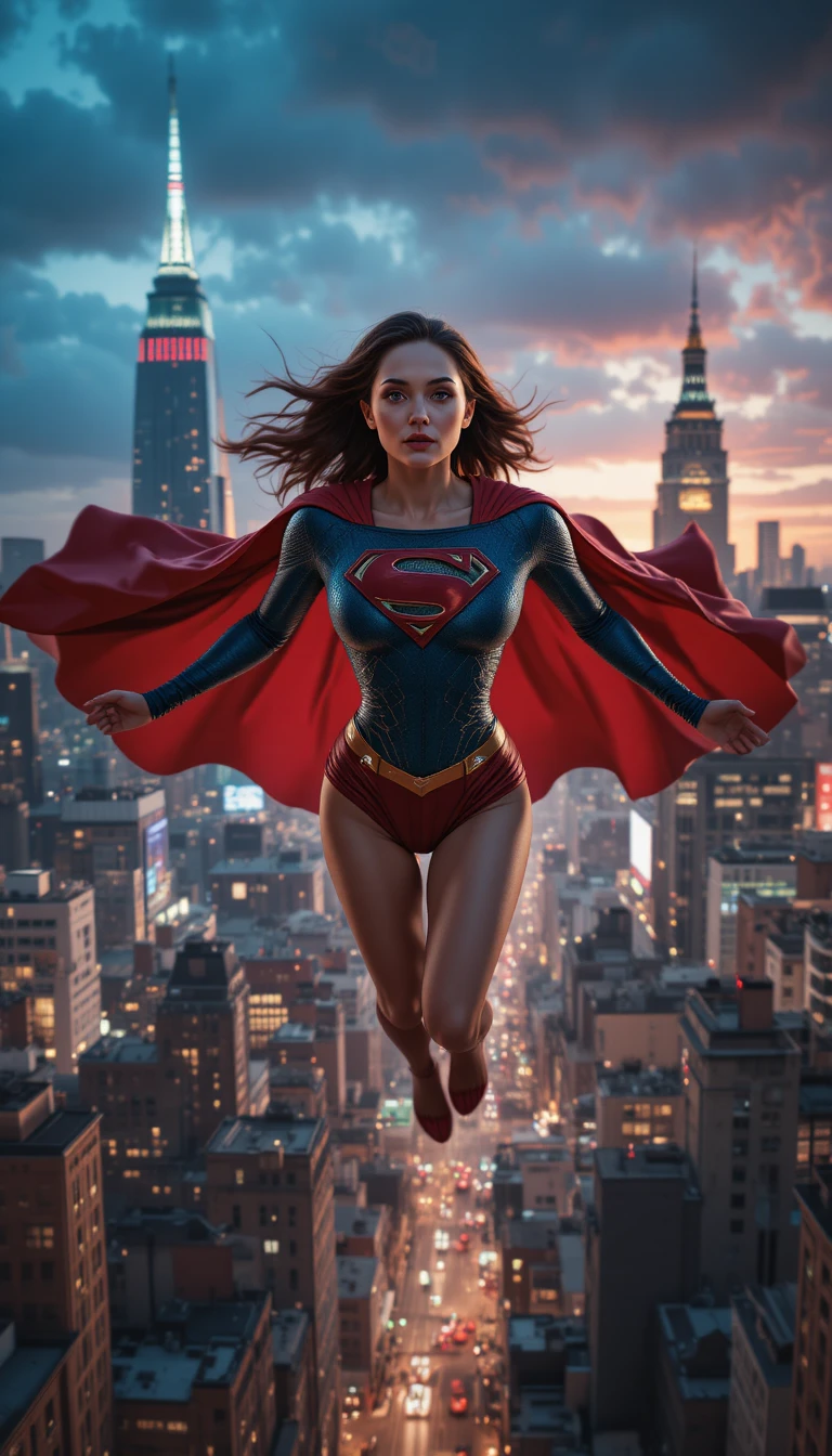 Super heroine soaring above a glowing city at dusk