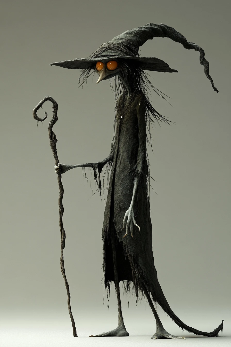 Tall goofy witch holding a staff in 3d render