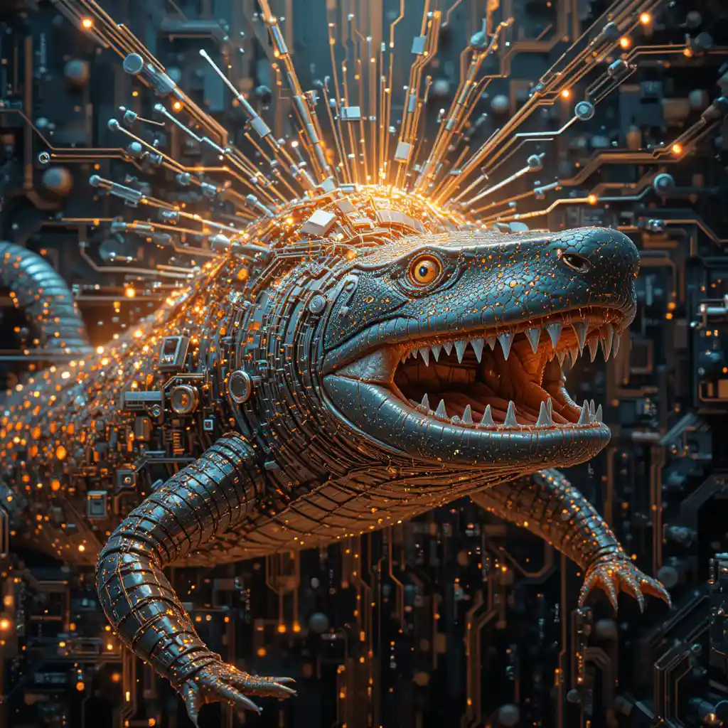 Caiman attacking a circuit great white shark in neon glow