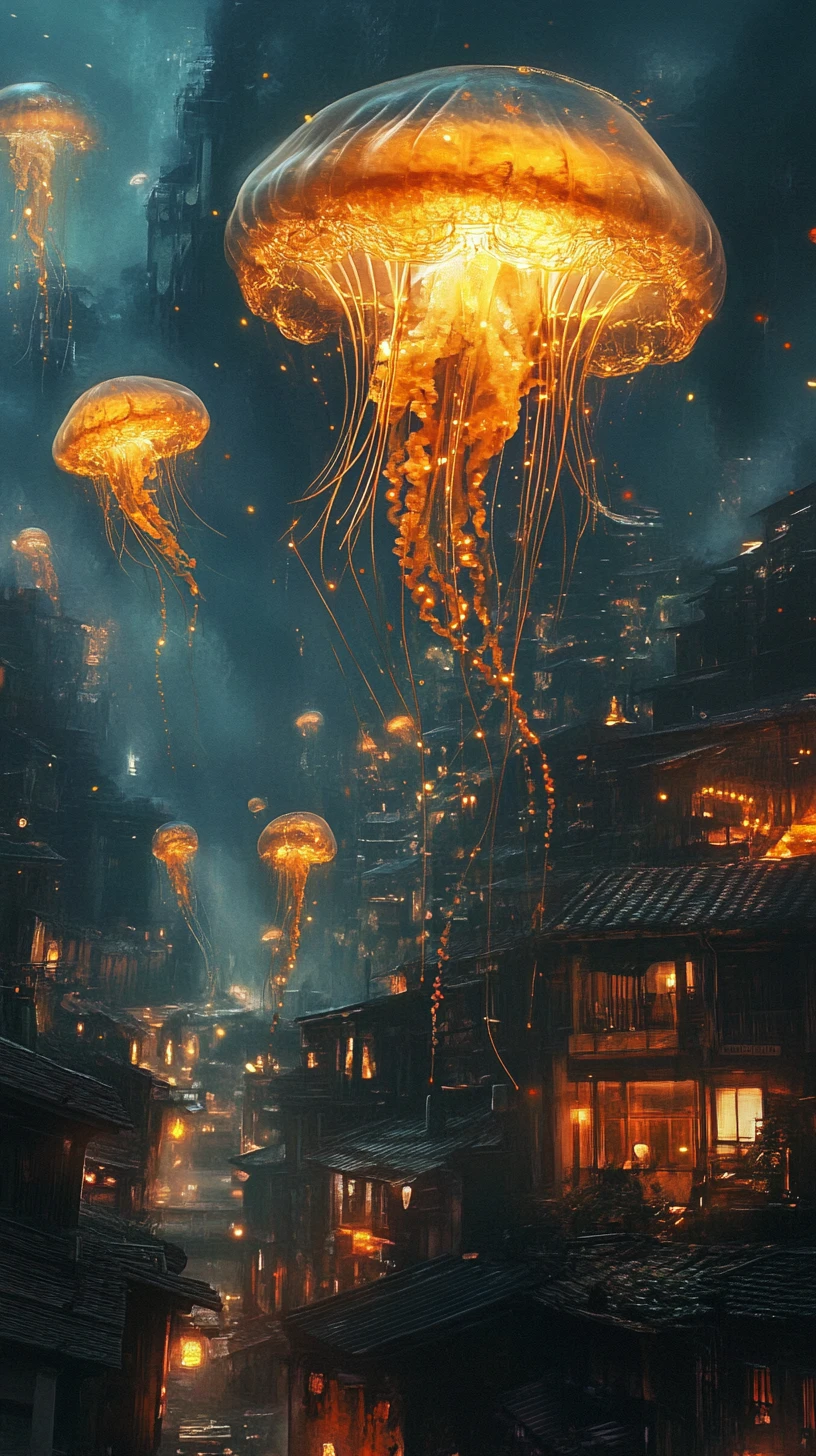 Enorme medusa luminosa flotando sobre un pueblo tranquilo