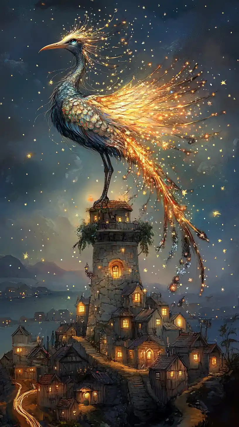 Ethereal glowing bird on an ancient lighthouse at night