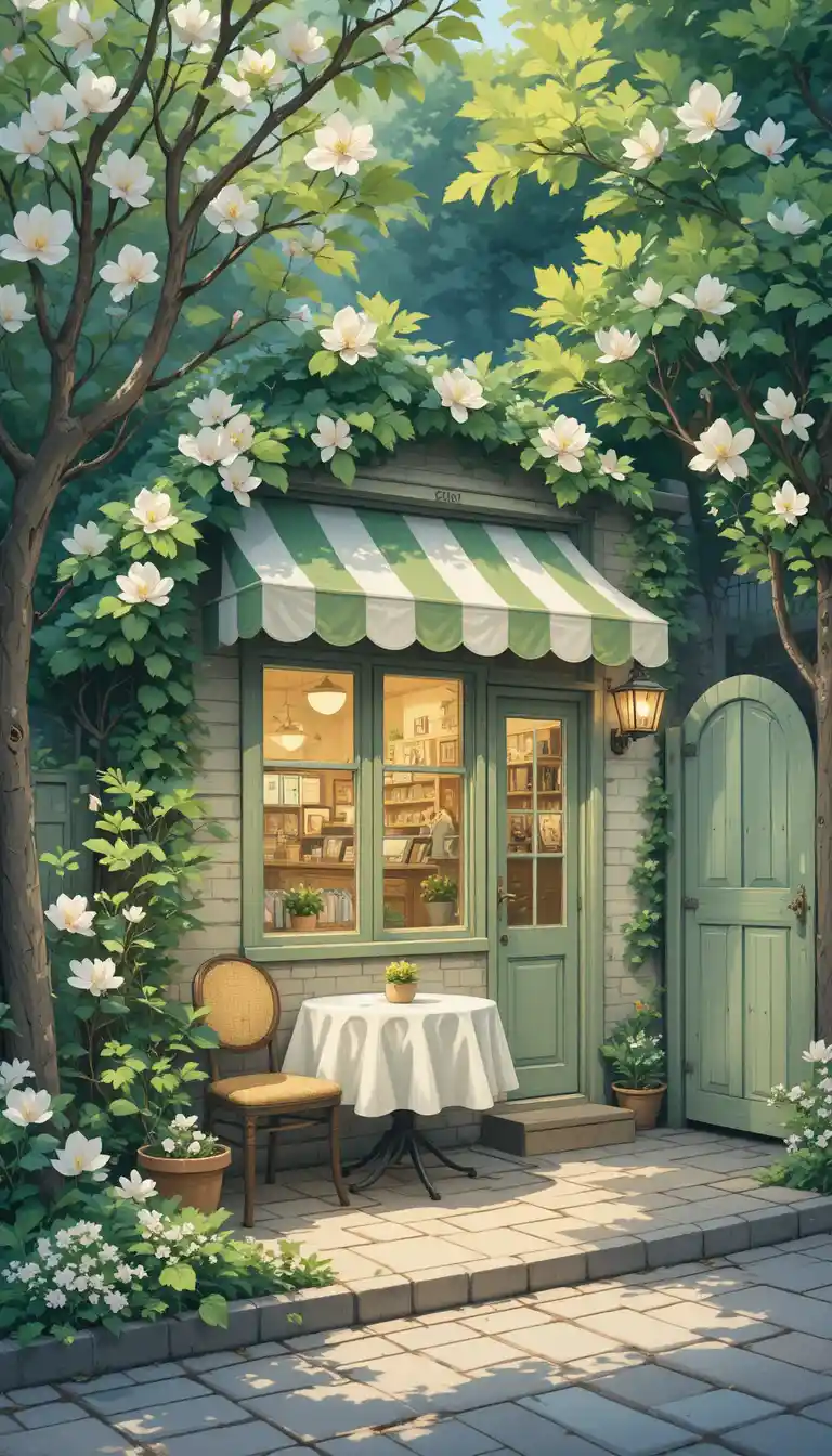 Cozy street cafe with lush greenery and soft warm glow