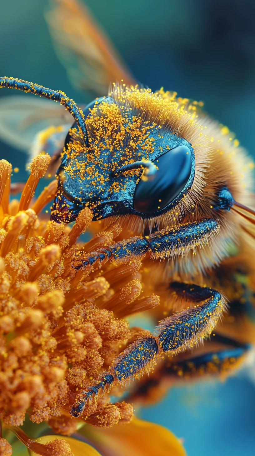 Ape in volo in macro su brillante fiore giallo arancione