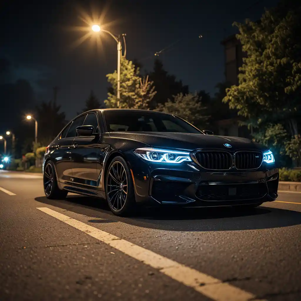 Black car parked on a night street under streetlight