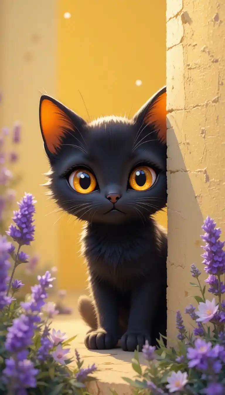 Gattino nero cartoon che sbircia da dietro un muro color lavanda