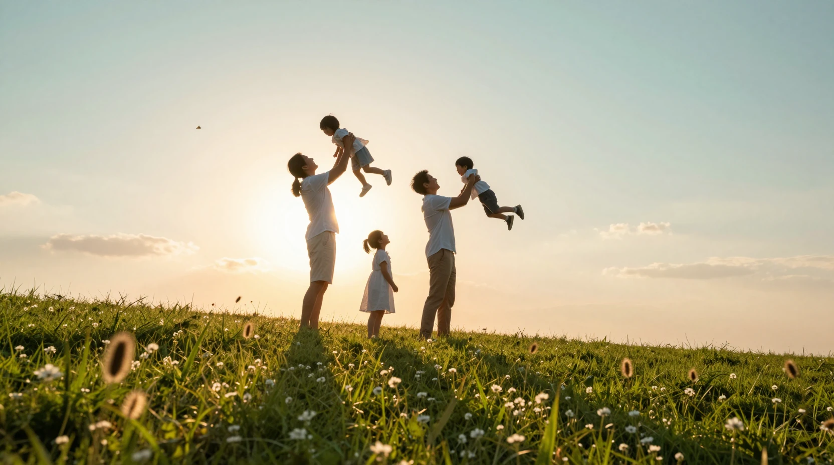 Fröhliche Familiensilhouetten auf einem sonnigen, grünen Hügel