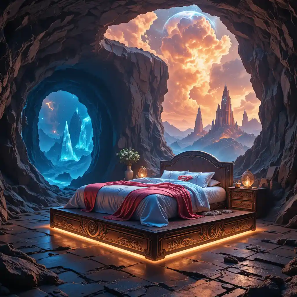 Enchanted stone bedroom with glowing superhero bed