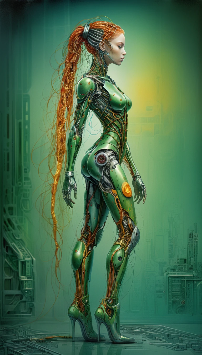Mulher cibernética futurista em elegante perfil biomecânico