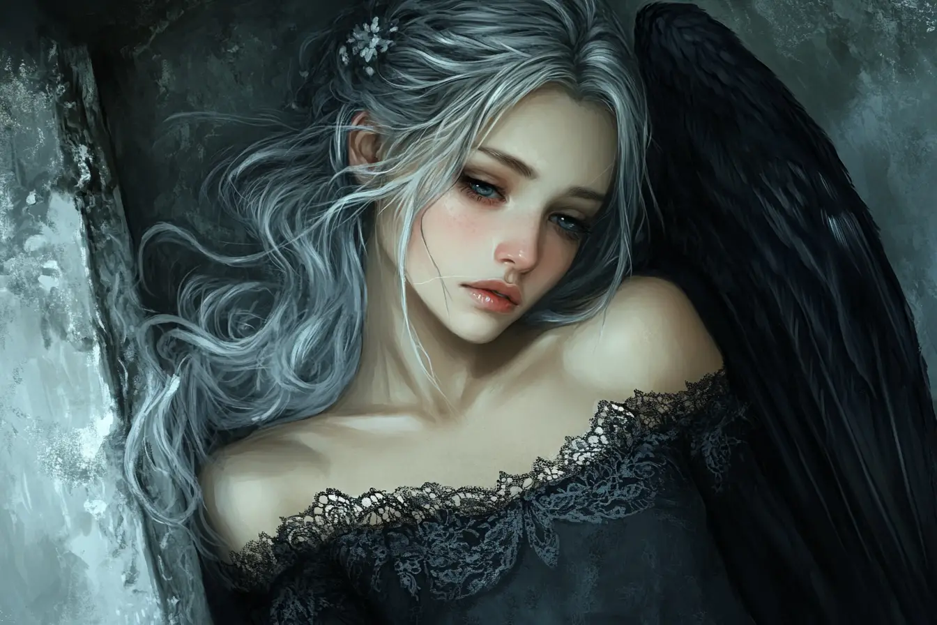 Gothic angelic woman crying on a stone coffin