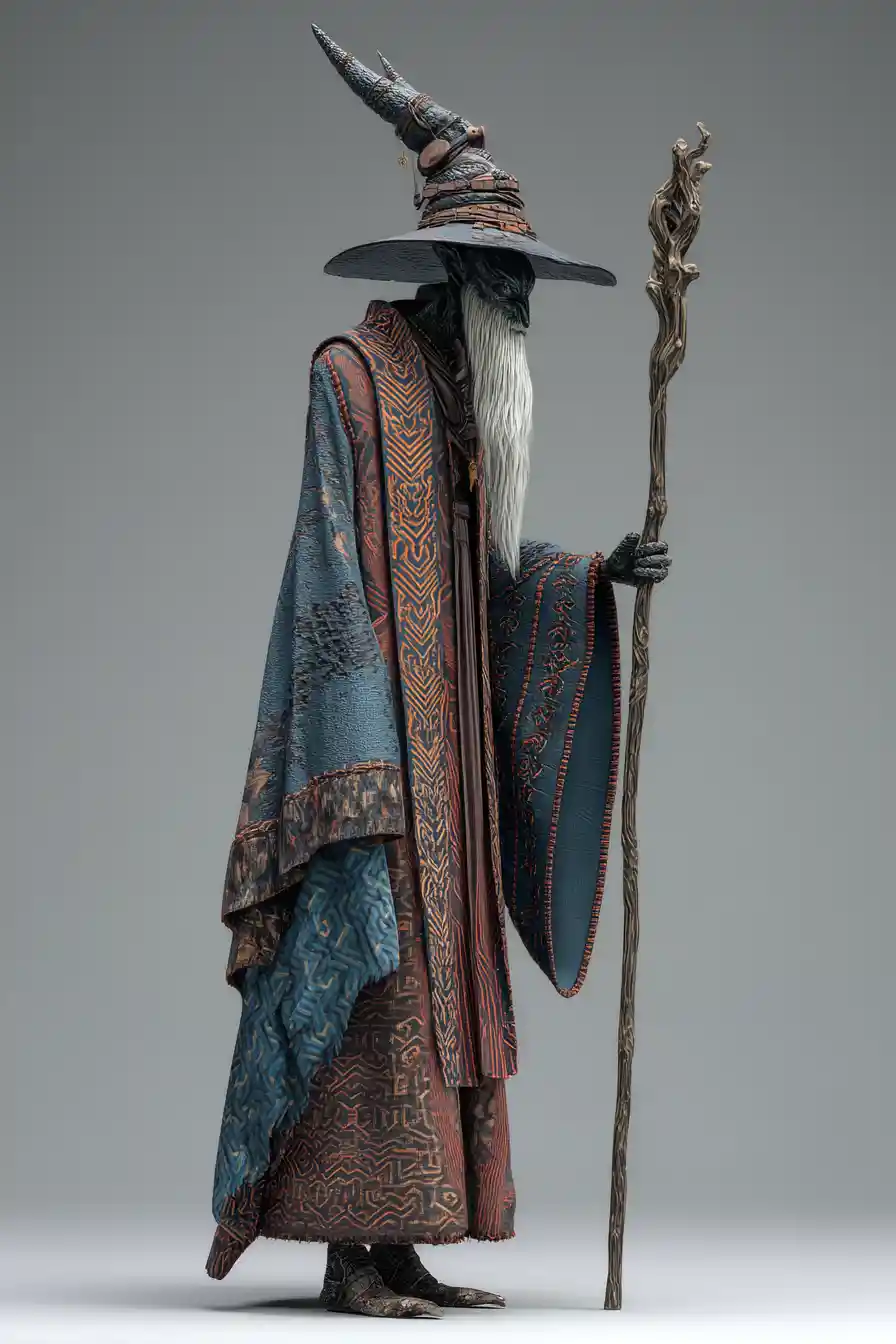 Sinister 3D wizard with staff and long beard