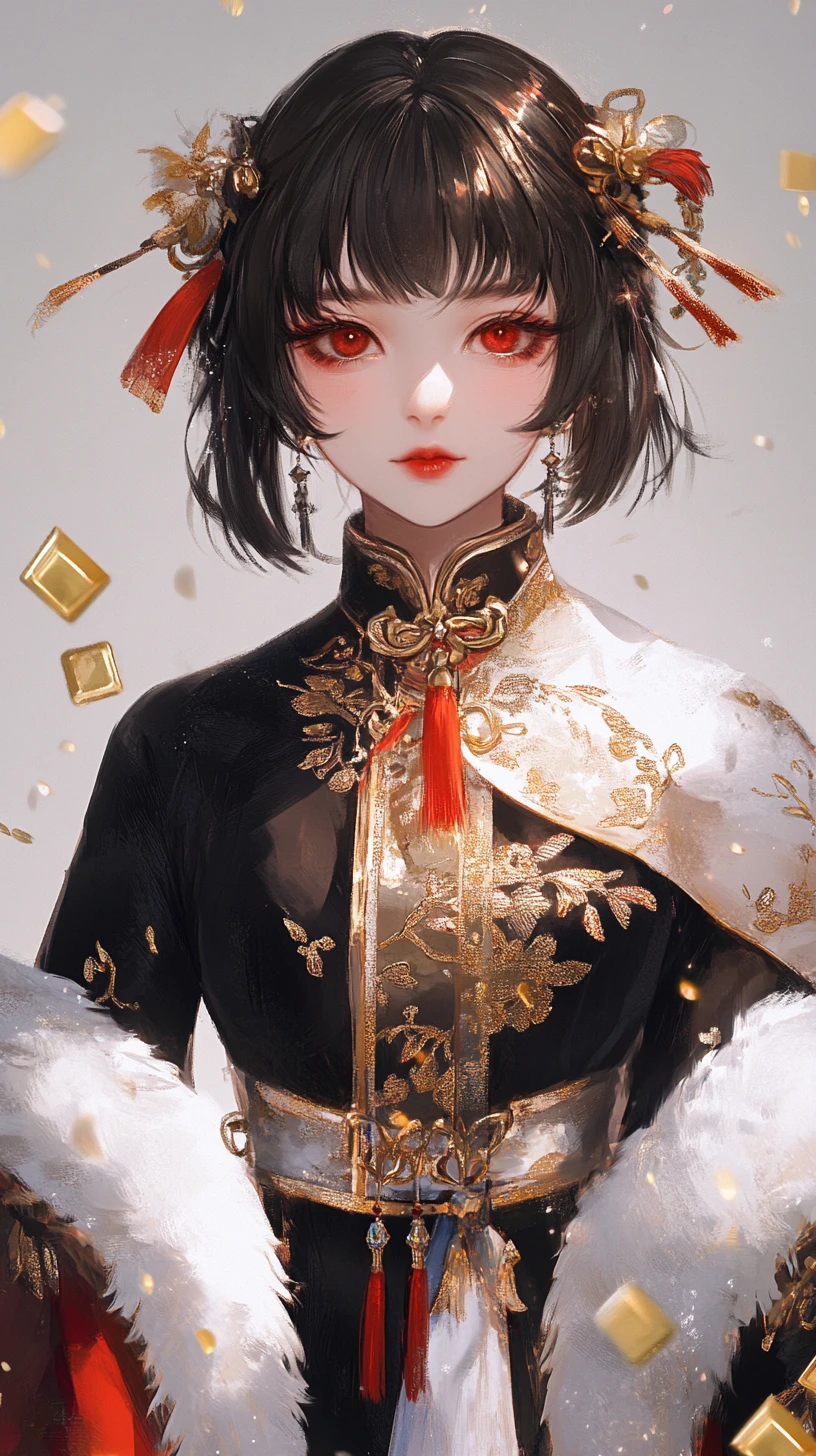 Elegante ragazza anime in sontuoso abito festivo nero e oro