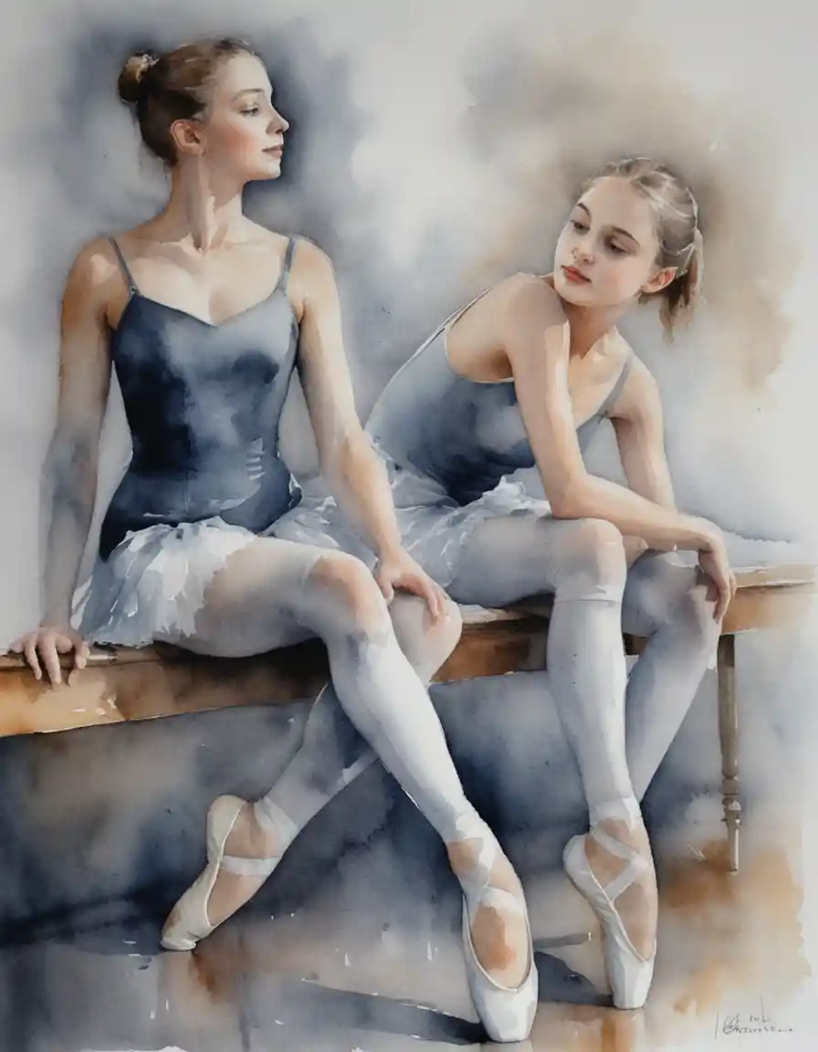 Due giovani ballerine che riposano su una panca di legno in studio
