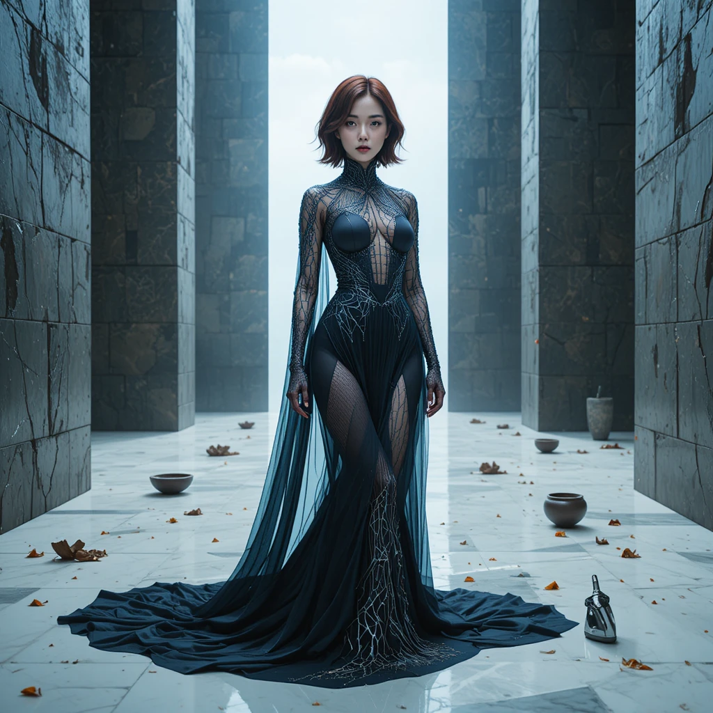 Fokussierte Koreanerin in irisierender cybernetischer Couture im Interior