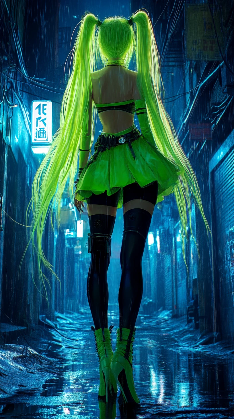 Cyberpunk-Anime-Mädchen in neonbeleuchteter Gasse bei Nacht