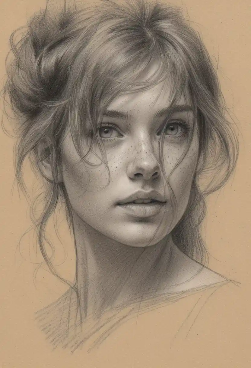 Charcoal portrait of a freckled girl looking upward in profile