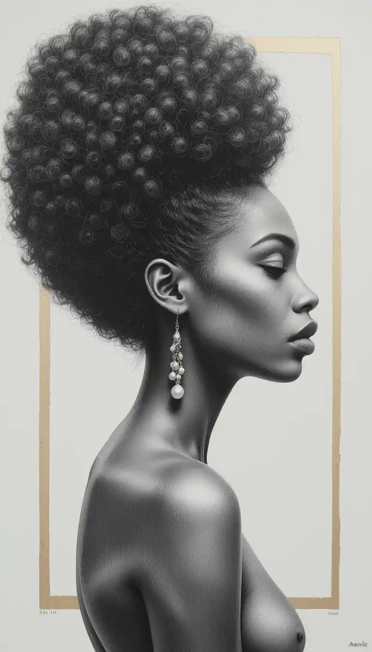 Graphite profile portrait of a young woman with afro hair