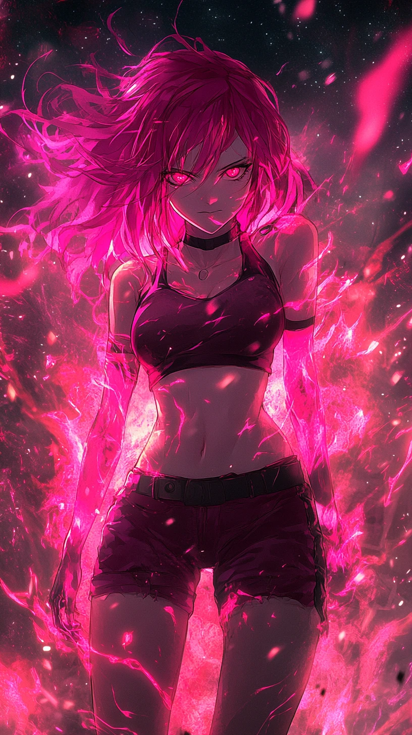 Fille d’animé avec énergie rose dans une scène cosmique sombre