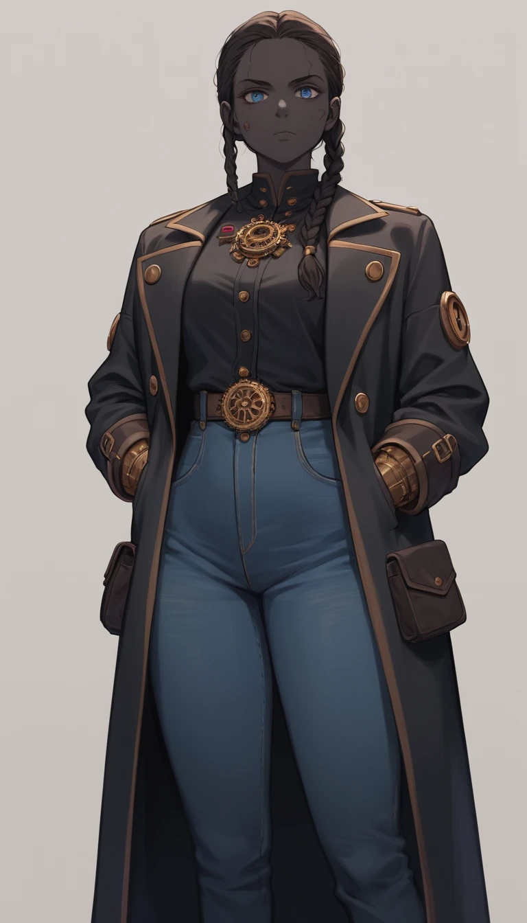 Geflochtene schwarze Heldin in einer cineastischen Anime-Steampunk-Szene