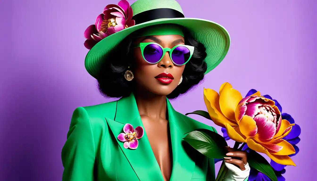 Confident woman in green suit with floral hat and glasses