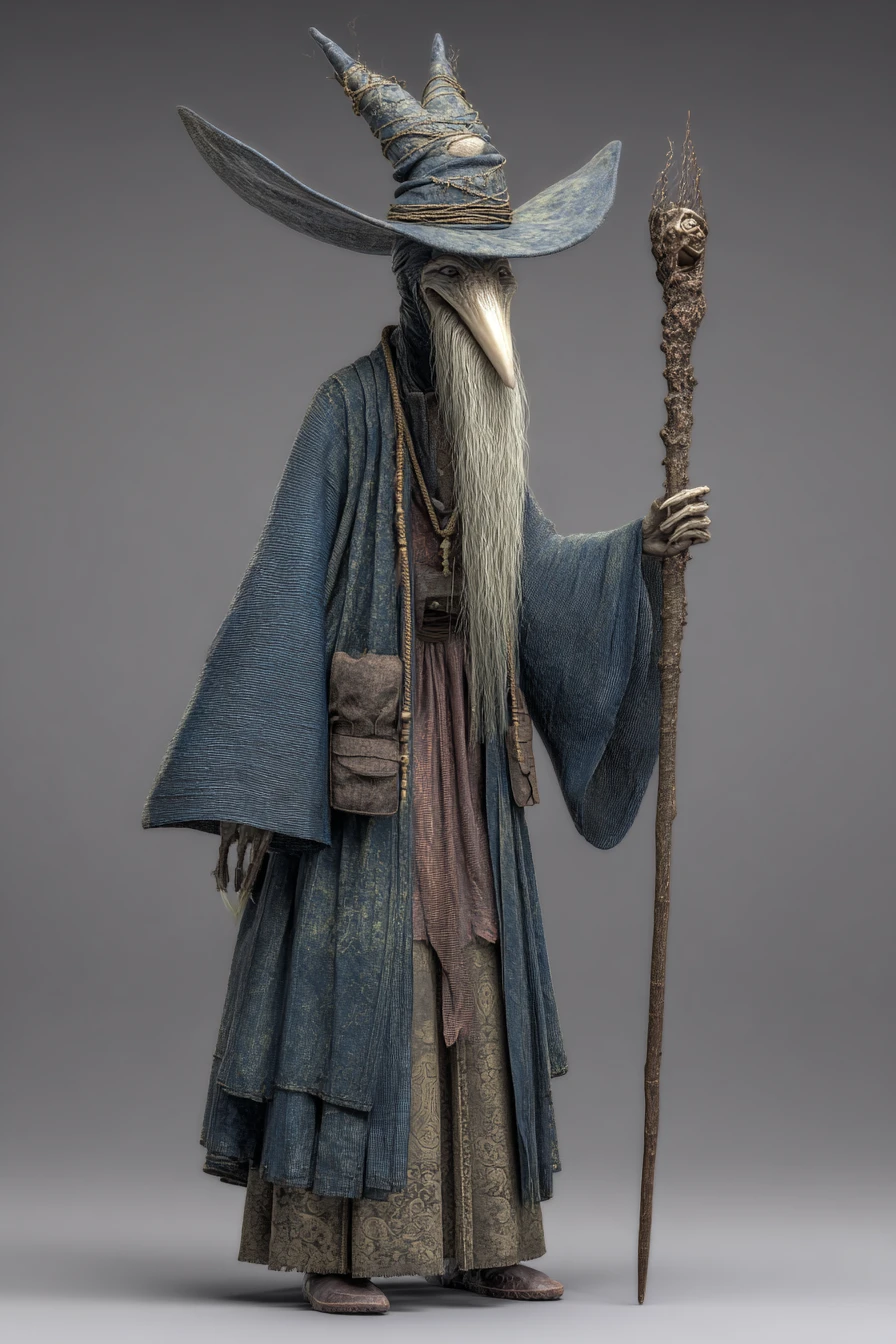 Hechicero 3D siniestro con báculo sobre fondo gris