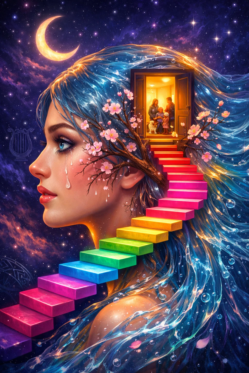 Surreal profile of a woman with flowing water hair