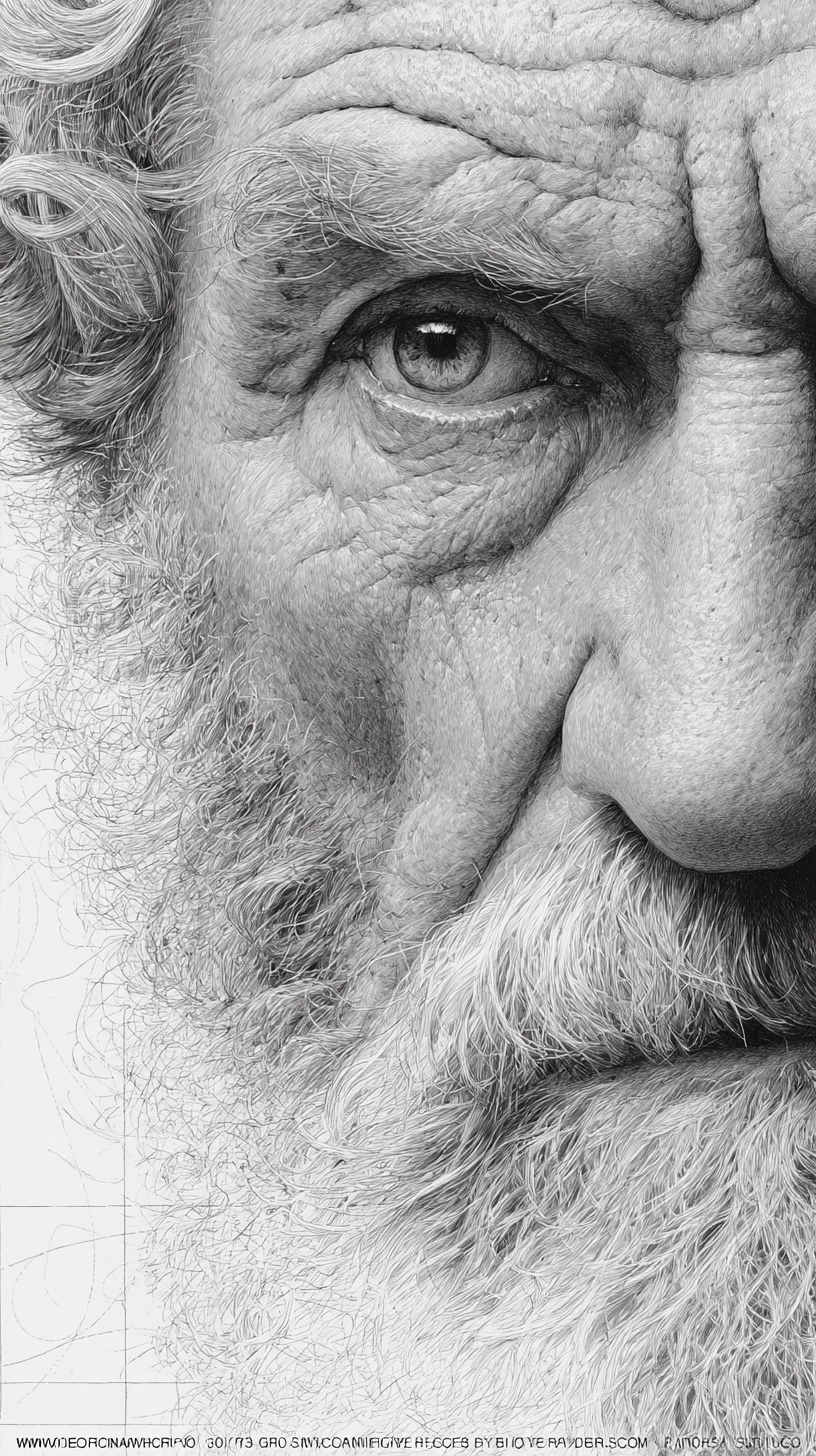 Retrato en primerísimo plano de anciano en grafito con claroscuro