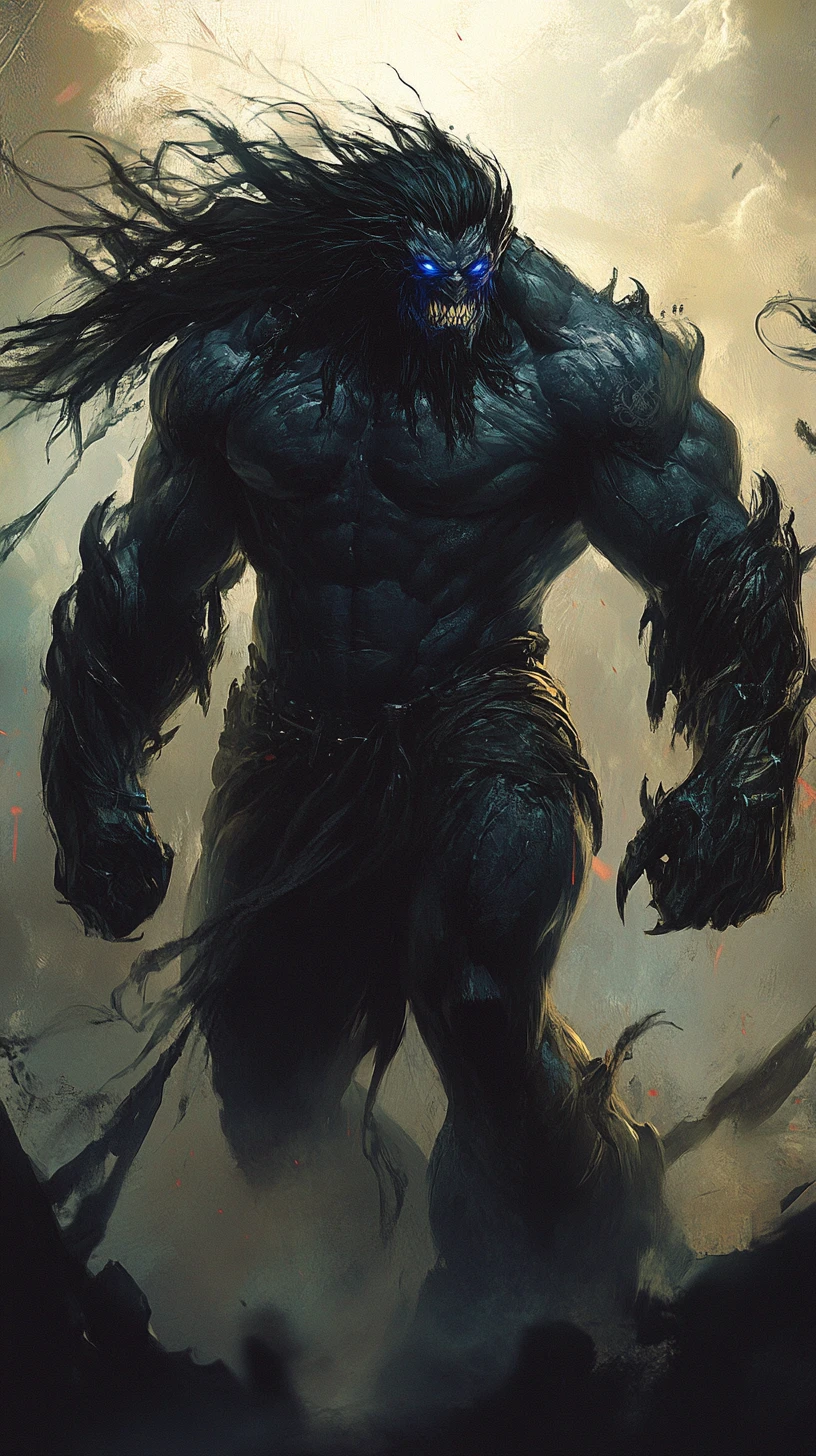 Monstrous titan like creature in dark swirling energy