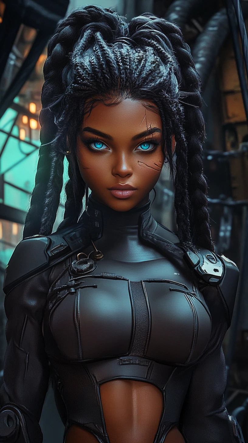 Heroína de anime em cidade steampunk com olhar feroz e determinado
